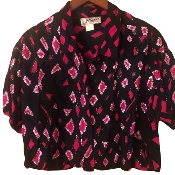 Vintage 80s 90s black pink sequin button up crop top Festive Glam Holiday Vibes - Picture 1 of 5